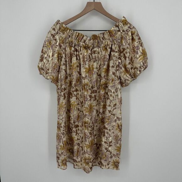 Sezane mini dress womens 40 silk miranda off the shoulder metallic lined - Picture 11 of 12